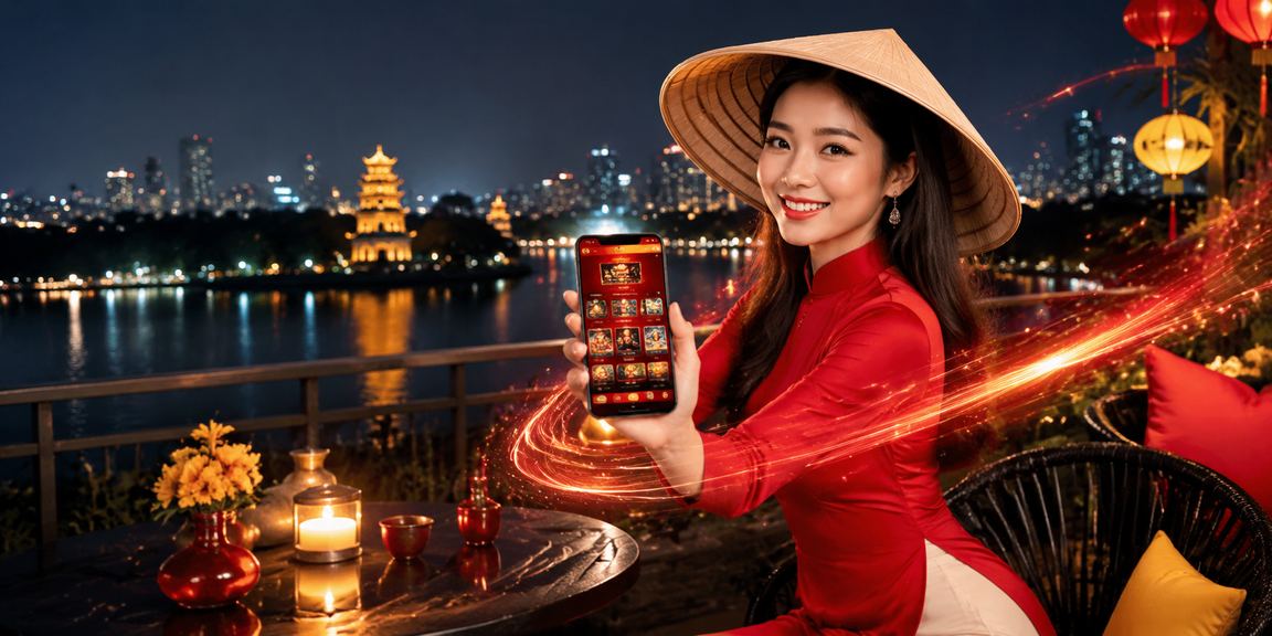 Người phụ nữ Hà Nội đội nón lá sử dụng ứng dụng casino trên điện thoại